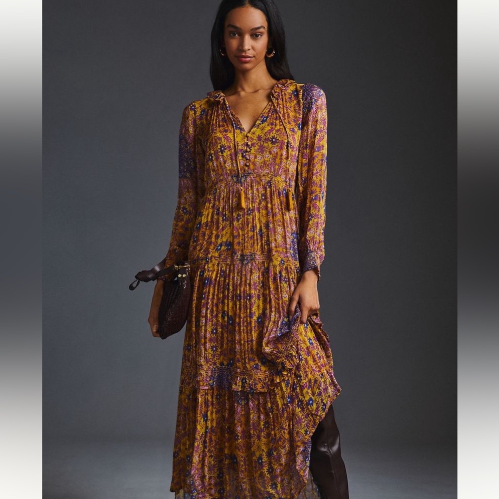 ANTHROPOLOGIE Womens Dress Gold Marais Printed Chiffon Maxi Sheer Bohemian XXSP